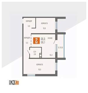 2-к квартира, вторичка, 59м2, 9/10 этаж