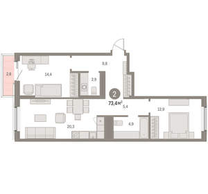 2-к квартира, вторичка, 73м2, 7/15 этаж