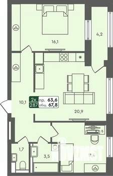 2-к квартира, строящийся дом, 68м2, 2/7 этаж