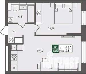 1-к квартира, строящийся дом, 45м2, 3/7 этаж