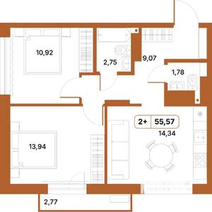 2-к квартира, строящийся дом, 56м2, 13/14 этаж