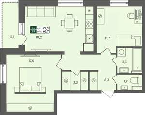 2-к квартира, строящийся дом, 67м2, 7/7 этаж
