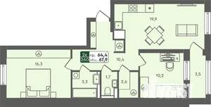 2-к квартира, строящийся дом, 68м2, 7/7 этаж