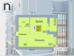 1-к квартира, строящийся дом, 48м2, 1/17 этаж