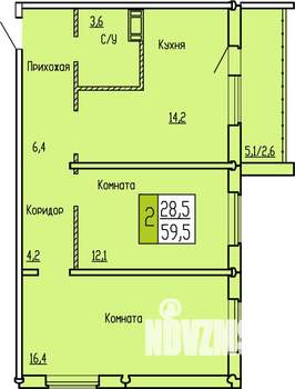 2-к квартира, строящийся дом, 60м2, 10/10 этаж