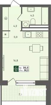 Студия квартира, строящийся дом, 38м2, 2/7 этаж