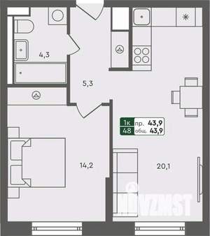 1-к квартира, строящийся дом, 44м2, 2/7 этаж