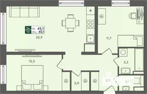 2-к квартира, строящийся дом, 62м2, 2/7 этаж