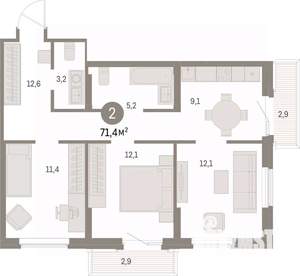 2-к квартира, вторичка, 71м2, 9/15 этаж