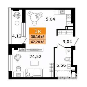 1-к квартира, вторичка, 42м2, 6/8 этаж
