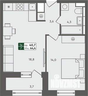 1-к квартира, строящийся дом, 44м2, 6/7 этаж