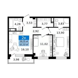 2-к квартира, вторичка, 63м2, 11/16 этаж