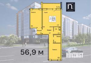 2-к квартира, строящийся дом, 57м2, 9/10 этаж