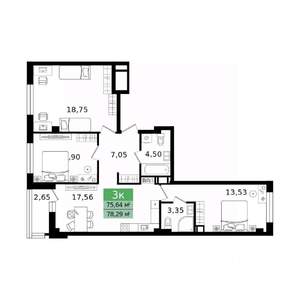 3-к квартира, вторичка, 78м2, 4/12 этаж