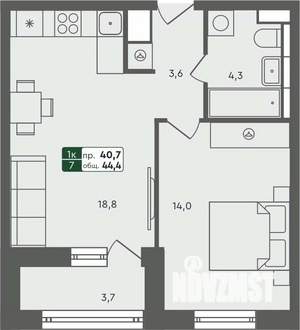 1-к квартира, строящийся дом, 44м2, 7/7 этаж