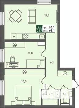 2-к квартира, строящийся дом, 63м2, 2/7 этаж