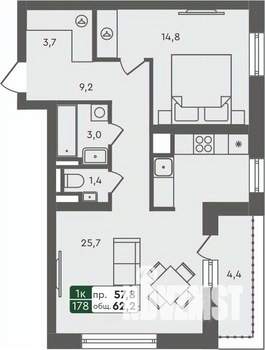 1-к квартира, строящийся дом, 62м2, 5/7 этаж