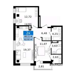 2-к квартира, вторичка, 63м2, 2/16 этаж