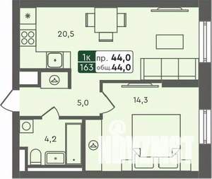 1-к квартира, строящийся дом, 44м2, 2/7 этаж