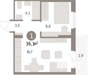 1-к квартира, вторичка, 36м2, 3/15 этаж