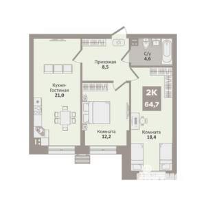 2-к квартира, вторичка, 65м2, 2/9 этаж
