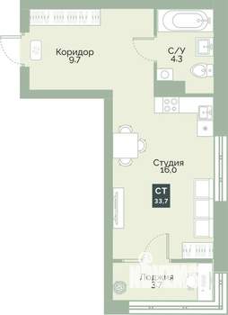 Студия квартира, вторичка, 34м2, 1/12 этаж