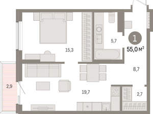 1-к квартира, вторичка, 55м2, 3/15 этаж