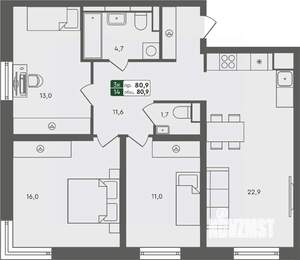3-к квартира, строящийся дом, 81м2, 5/7 этаж