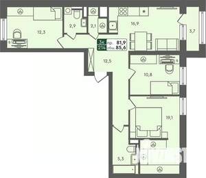 3-к квартира, строящийся дом, 86м2, 4/7 этаж