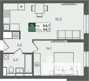 1-к квартира, строящийся дом, 44м2, 3/7 этаж
