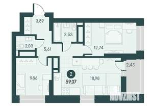 2-к квартира, вторичка, 59м2, 8/12 этаж