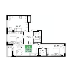 3-к квартира, вторичка, 78м2, 2/12 этаж