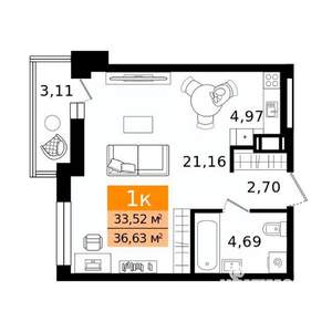 1-к квартира, вторичка, 37м2, 5/12 этаж