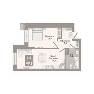 1-к квартира, вторичка, 43м2, 1/9 этаж