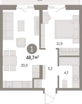 1-к квартира, вторичка, 49м2, 7/15 этаж