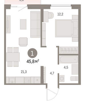 1-к квартира, вторичка, 46м2, 4/15 этаж