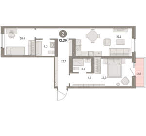 2-к квартира, вторичка, 72м2, 9/15 этаж