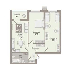 2-к квартира, вторичка, 69м2, 8/9 этаж