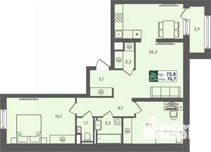 2-к квартира, строящийся дом, 77м2, 4/7 этаж