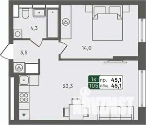 1-к квартира, строящийся дом, 45м2, 2/7 этаж