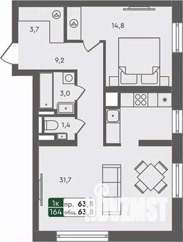 1-к квартира, строящийся дом, 64м2, 4/7 этаж