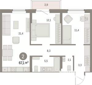 2-к квартира, вторичка, 67м2, 11/15 этаж
