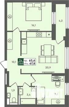 2-к квартира, строящийся дом, 68м2, 2/7 этаж