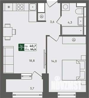 1-к квартира, строящийся дом, 44м2, 7/7 этаж