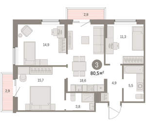 3-к квартира, вторичка, 80м2, 4/15 этаж