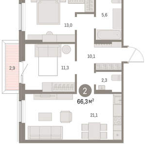 2-к квартира, вторичка, 66м2, 3/15 этаж