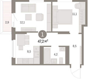 2-к квартира, вторичка, 47м2, 5/15 этаж