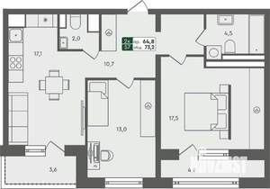 2-к квартира, строящийся дом, 73м2, 6/7 этаж