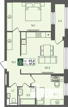 2-к квартира, строящийся дом, 68м2, 5/7 этаж