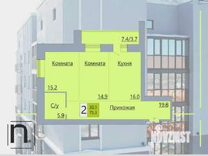 2-к квартира, строящийся дом, 75м2, 2/17 этаж